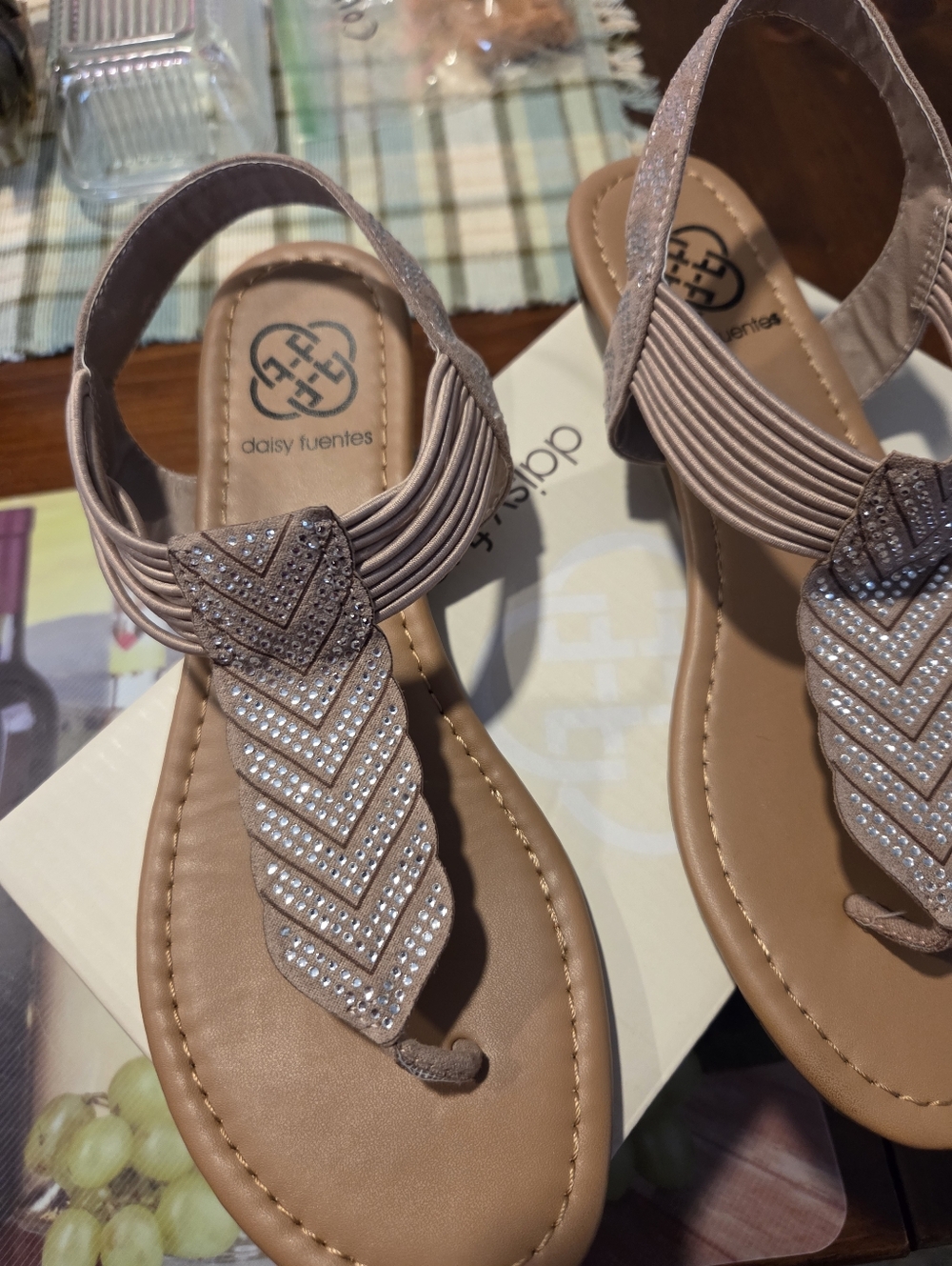 Daisy Fuentes Blush/Tan Rhinestone T-Strap Sandals